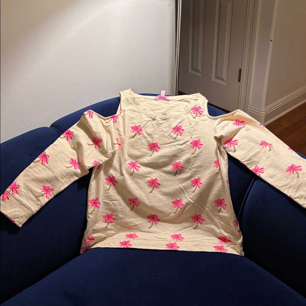 Lilly Pulitzer Cream “Cold Shoulder” Shirt with Pink Palm Trees -Sz L